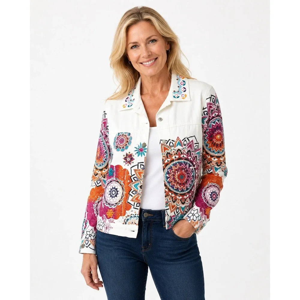 Boston Proper Womens White Mandala Embellished Denim Jacket Size S Boho Beaded - Picture 1 of 16